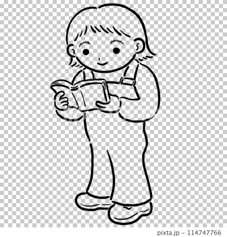 A girl standing and reading a book - line drawing A girl standing and reading a book - line drawing 114747766