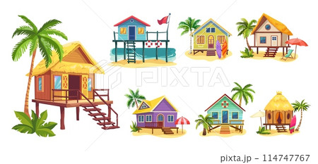 Cartoon beach houses. Shack house on beachfront, tiki bar cabin hut bungalow country building cottage in caribbean or australia island Cartoon beach houses. Shack house on beachfront, tiki bar cabin hut bungalow country building cottage in caribbean or australia island 114747767