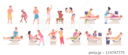 People hair removal. Man woman after hairs body depilation brazilian wax in medical beauty salon or home, salon area chest armpit facial skin treatment, classy vector illustration 114747775