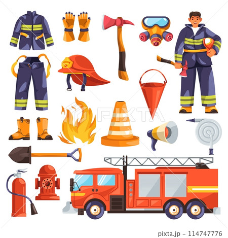 Cartoon firefighter equipment. Fire fighting tools, fireman protection uniform firefighting firemen rescue gear red helmet flasher hose extinguisher icon recent vector illustration 114747776