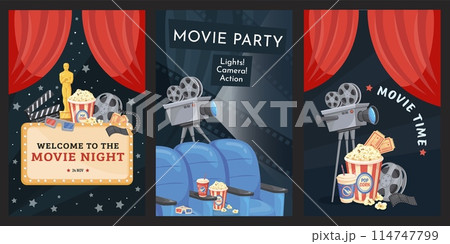 Premiere movie posters. Film night time invitation flyer, cinema theatre projector camera reel hollywood promo board for cine show actor festival ticket cartoon vector illustration Premiere movie posters. Film night time invitation flyer, cinema theatre projector camera reel hollywood promo board for cine show actor festival ticket cartoon vector illustration 114747799