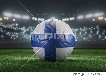 Soccer ball in flag colors on a bright blurred stadium background. Finland. 3D image 114747865