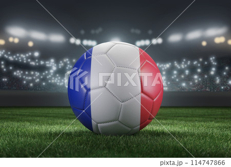 Soccer ball in flag colors on a bright blurred stadium background. France. 3D image 114747866