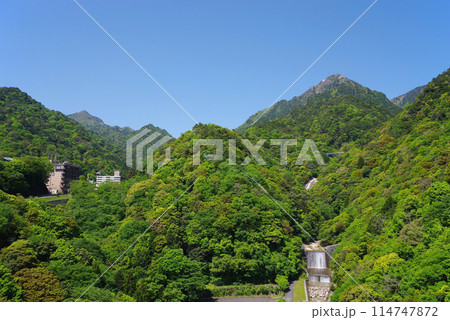 新緑の御在所岳と湯の山温泉街・湯の山かもしか大橋からの眺望《三重県・菰野町》 114747872