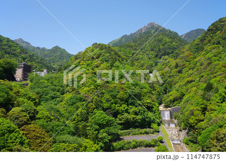 新緑の御在所岳と湯の山温泉街・湯の山かもしか大橋からの眺望《三重県・菰野町》 114747875