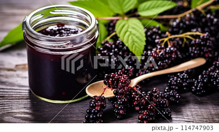 Elderberry jam nestled in a glass jar on a wooden table 114747903