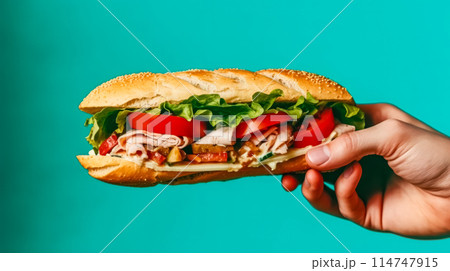 A baguette sandwich, held in a mans hand 114747915