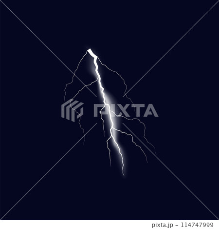 Thunderbolt or white lightning, vector natural strength or magic light rays, bolt lightning, electricity and explosion 114747999