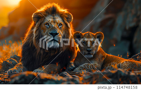 Majestic lioness and her cute cub bask in the sunset on the African savannah, embodying the beauty and danger of nature 114748158