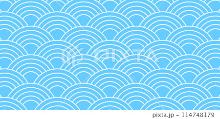 Blue and white Japanese seigaiha pattern. Sea or ocean waves background. Scallops print. Fish squama or dragon scale. Simple geometric ornament with round shapes. Vector graphic illustration 114748179