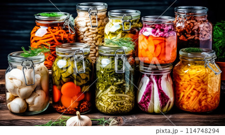 Jars of pickled vegetables resting on a rustic wooden table 114748294