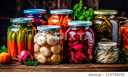 Jars of pickled vegetables resting on a rustic wooden table 114748295