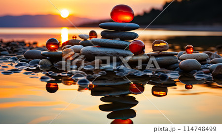 harmony and balance with zen rocks arranged in the form of scales against the backdrop of the sea. 114748499