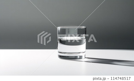 A crystal clear glass of water stands elegantly against a neutral gray background 114748517