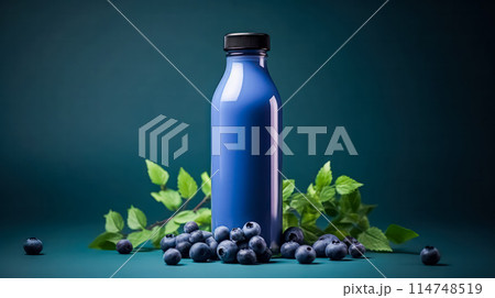 Blueberry cocktail in a bottle on a vibrant blue background. 114748519