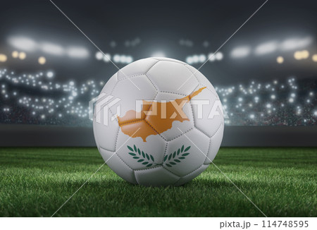 Soccer ball in flag colors on a bright blurred stadium background. Cyprus. 3D image Soccer ball in flag colors on a bright blurred stadium background. Cyprus. 3D image 114748595