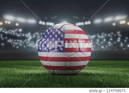 Soccer ball in flag colors on a bright blurred stadium background. USA. 3D image Soccer ball in flag colors on a bright blurred stadium background. USA. 3D image 114748671