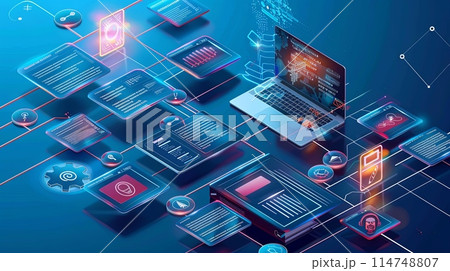 A laptop computer displaying various icons, symbolizing online education, training, e-learning, and personal development opportunities. 114748807