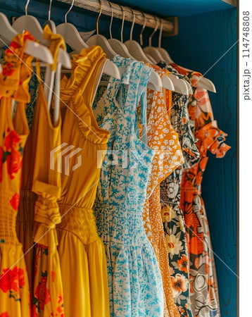 Display of fashionable womens dresses and shirts hanging on a rack in a summer closet showroom. 114748808