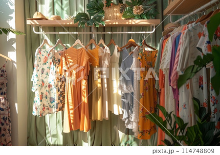 Fashionable womens closet wallpaper with summer dresses and shirts on hangers. 114748809