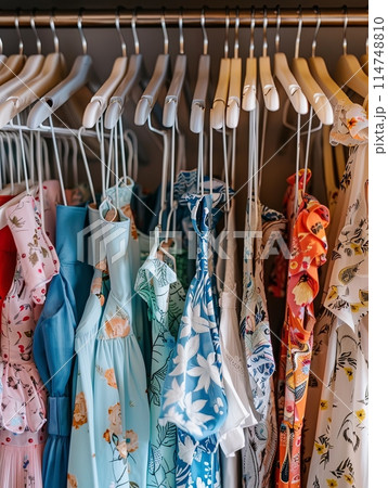 Display of colorful shirts and ties hanging on a rack in a fashionable womens closet. 114748810