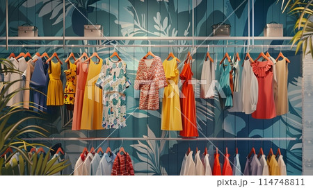 Rack of clothes hanging next to a plant in a summer closet. Creative concept of womens clothing showroom with designer dresses and shirts. 114748811