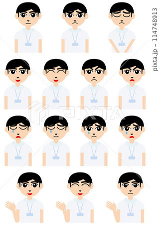 笑う・怒る・泣く等、色々な表情の上半身の男性看護師イラスト素材セット(輪郭線無し) 114748913