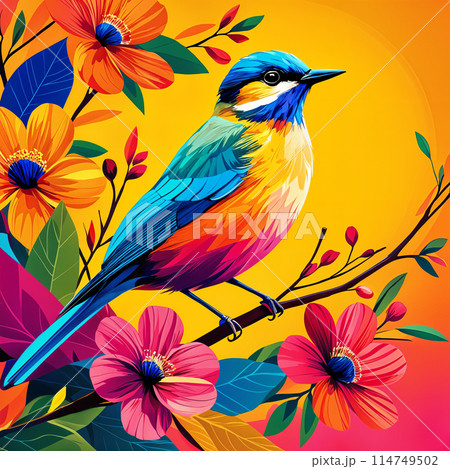 Colorful bird on branch with flowers. 114749502