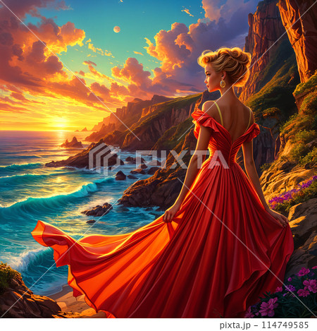 A woman in a red dress stands on the shoreline. 114749585