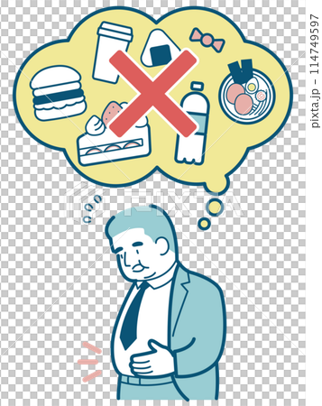 食事制限をしているスーツの男性 食事制限をしているスーツの男性 114749597