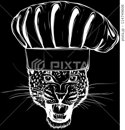 leopard head in white line on black background leopard head in white line on black background 114749606