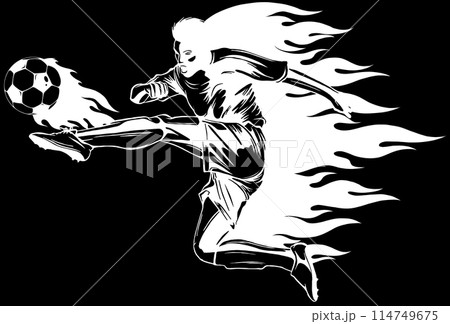 Soccer player shooting a ball in white line on black background 114749675