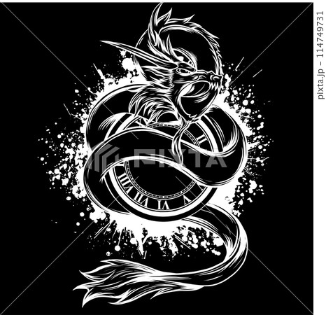 dragon in white line on black background 114749731