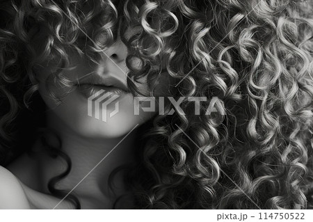 Black and white closeup of woman hairstyle with voluminous curly hair 114750522