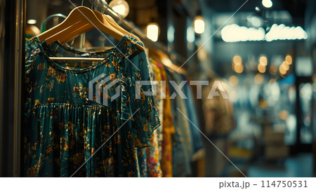 Elegant floral dress displayed in a boutique with soft lighting 114750531