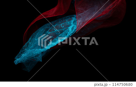 Red organza blue lace fabric flying in curve shape, Piece of textile white organza blue lace fabric throw fall in air. Black background isolated, dark shading environment Red organza blue lace fabric flying in curve shape, Piece of textile white organza blue lace fabric throw fall in air. Black background isolated, dark shading environment 114750680