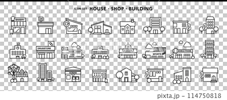 簡單的設計圖標材料，如房屋、商店、建築物等。 114750818