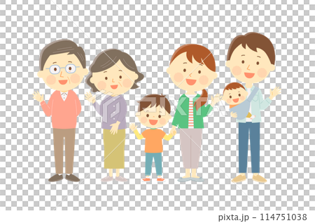 笑顔で手を振る6人家族 114751038