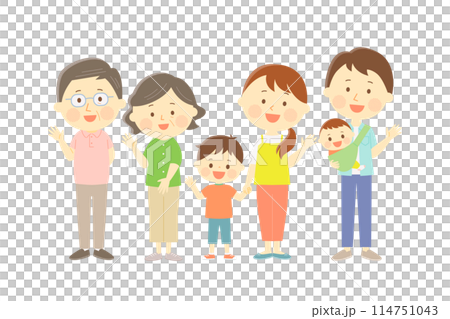 穿著夏裝的六口之家微笑揮手 114751043