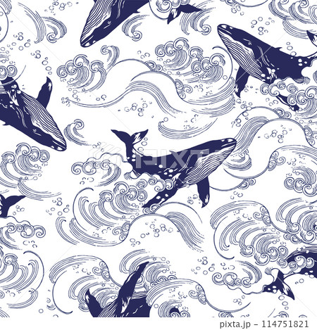 和調に描いたのクジラと白波の柄背景, 和調に描いたのクジラと白波の柄背景, 114751821