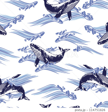和調に描いたのクジラと白波の柄背景, 和調に描いたのクジラと白波の柄背景, 114751826