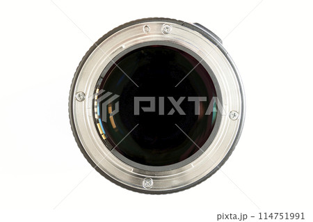 Camera photo lens close-up on white background with lense reflections. Camera photo lens close-up on white background with lense reflections. 114751991