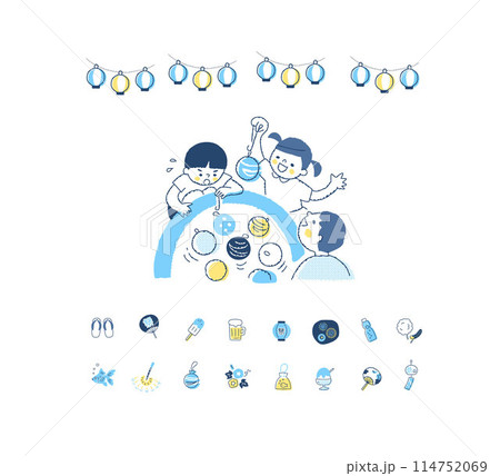 ヨーヨー釣りをする子供たちと祭りのアイコン 114752069