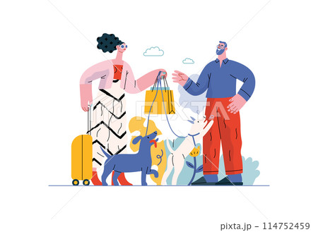 Mutual Support: Pet-sitting -modern flat vector concept illustration of a woman going on vacation leaving her dogs with neighbor. A metaphor of voluntary, collaborative exchanges of resource, services Mutual Support: Pet-sitting -modern flat vector concept illustration of a woman going on vacation leaving her dogs with neighbor. A metaphor of voluntary, collaborative exchanges of resource, services 114752459
