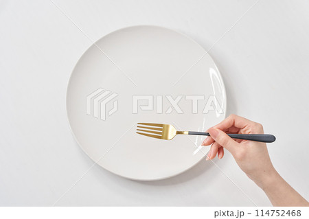 白いお皿と、フォークを持つ女性の手元 白いお皿と、フォークを持つ女性の手元 114752468