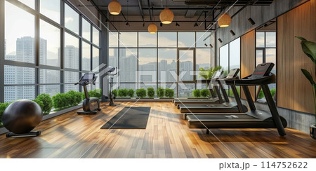 Modern gym with city view through windows 114752622