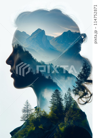 Double exposure of woman profile and mountain landscape 114752871