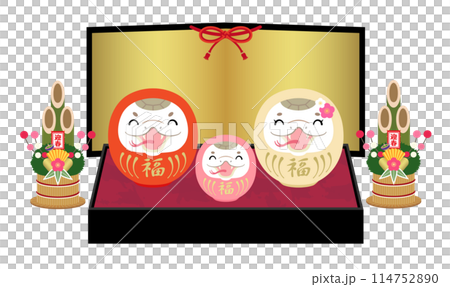 2025年　巳年　笑顔の巳だるまの家族と金屏風 114752890