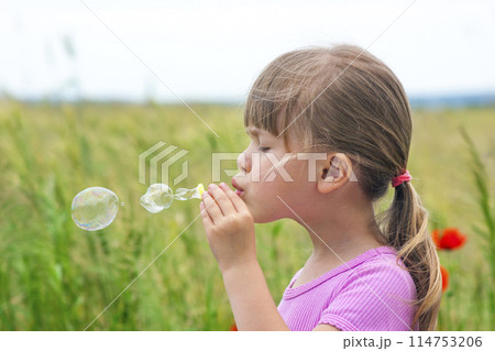 Portrait of cute lovely little girl blowing soap bubbles 114753206