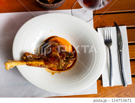 Roasted tasty lamb with sauce and mashed potatoes Roasted tasty lamb with sauce and mashed potatoes 114753671
